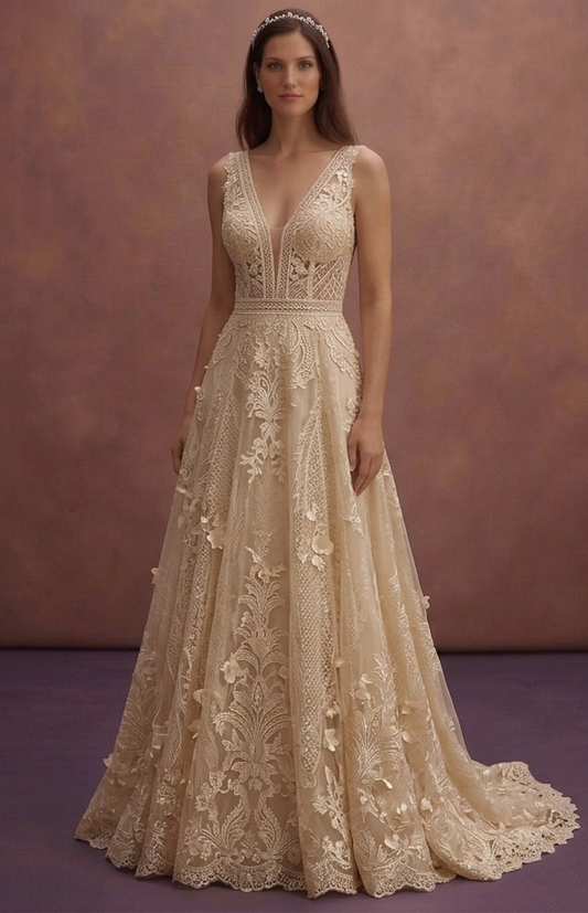 Champagne Lace Wedding Dress with Deep V Neck