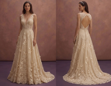 Champagne Lace Wedding Dress with Deep V Neck