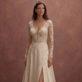 Champagne Lace Wedding Dress with Deep V Neckline