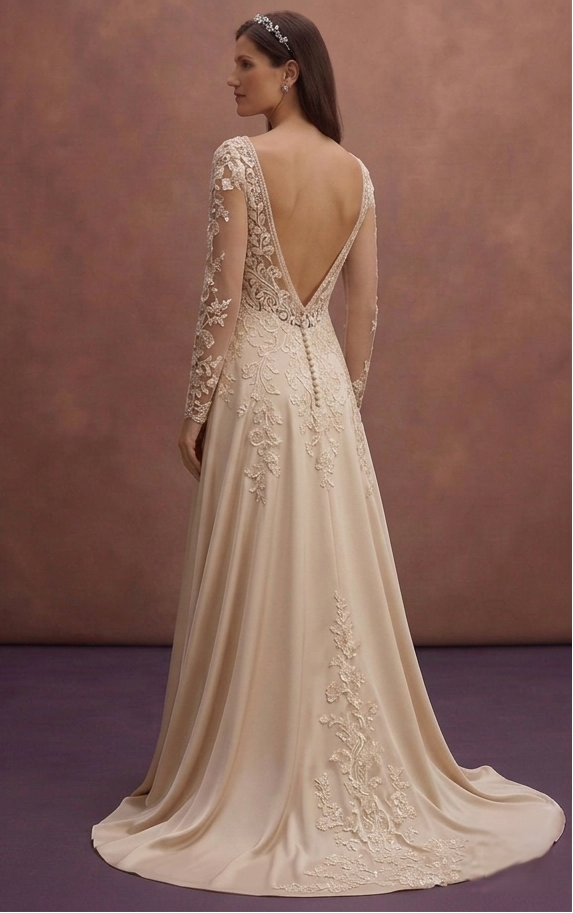 Champagne Lace Wedding Dress with Deep V Neckline