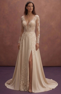 Champagne Lace Wedding Dress with Deep V Neckline
