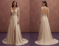 Champagne Lace Wedding Dress with Deep V Neckline