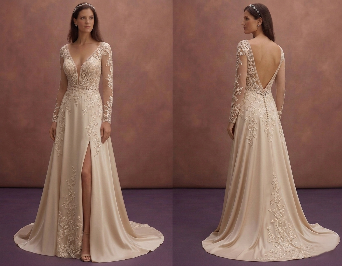 Champagne Lace Wedding Dress with Deep V Neckline