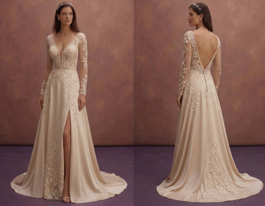 Champagne Lace Wedding Dress with Deep V Neckline