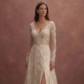 Champagne Lace Wedding Dress with Deep V Romantic Neckline