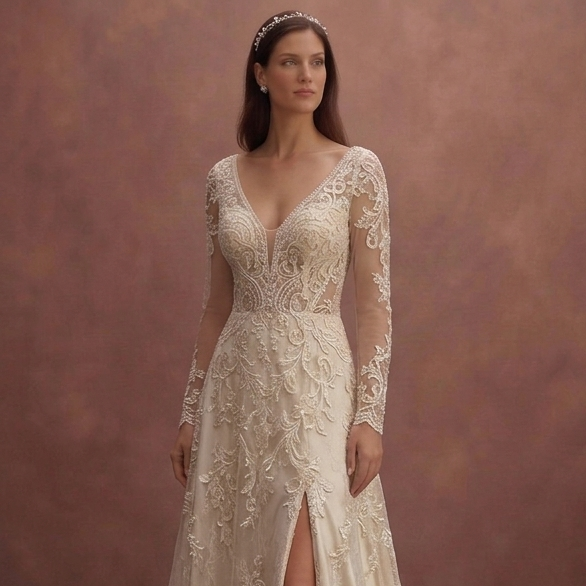 Champagne Lace Wedding Dress with Deep V Romantic Neckline