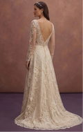Champagne Lace Wedding Dress with Deep V Romantic Neckline