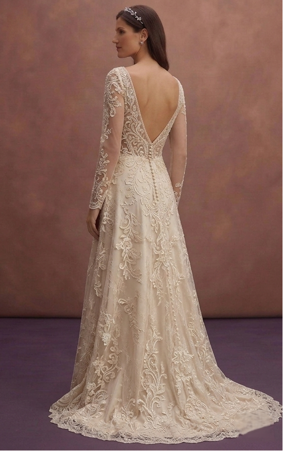 Champagne Lace Wedding Dress with Deep V Romantic Neckline