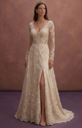 Champagne Lace Wedding Dress with Deep V Romantic Neckline