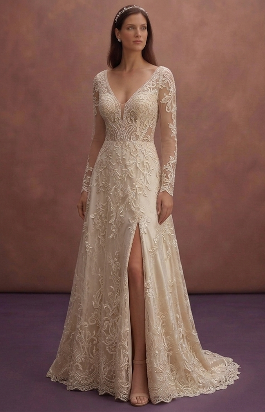 Champagne Lace Wedding Dress with Deep V Romantic Neckline
