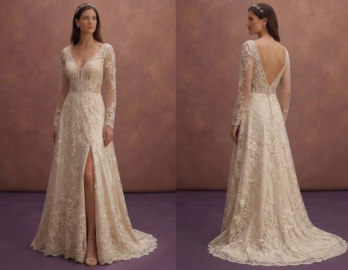 Champagne Lace Wedding Dress with Deep V Romantic Neckline