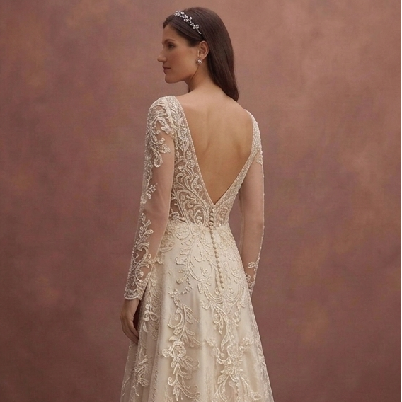 Champagne Lace Wedding Dress with Deep V Romantic Neckline