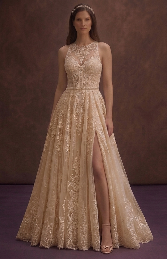 Champagne Lace Wedding Dress with Flowing Train