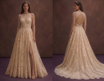 Champagne Lace Wedding Dress with Flowing Train