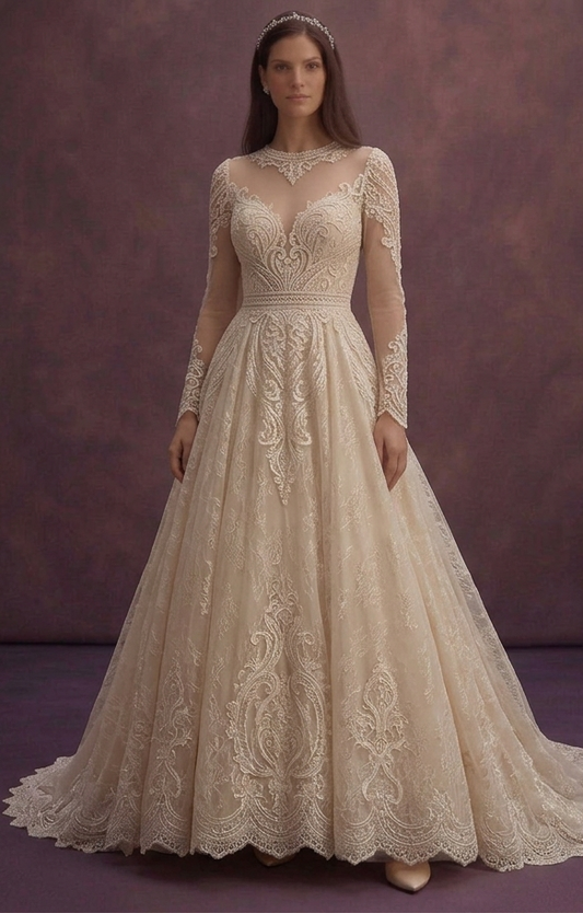 Champagne Lace Wedding Dress with Flowing Train Elegance