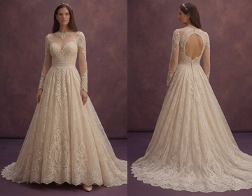 Champagne Lace Wedding Dress with Flowing Train Elegance