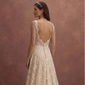 Champagne Lace Wedding Dress with Flowing Train Silhouette