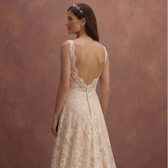 Champagne Lace Wedding Dress with Flowing Train Silhouette