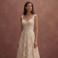 Champagne Lace Wedding Dress with Flowing Train Silhouette