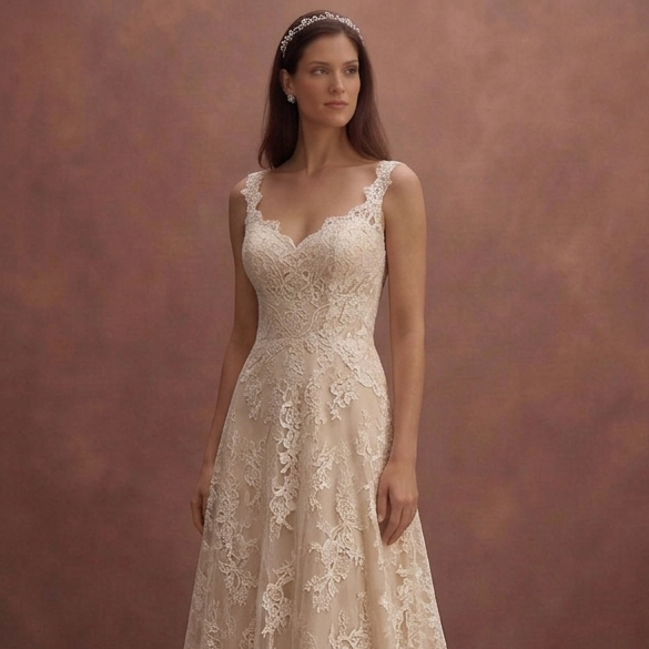 Champagne Lace Wedding Dress with Flowing Train Silhouette
