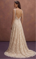 Champagne Lace Wedding Dress with Flowing Train Silhouette
