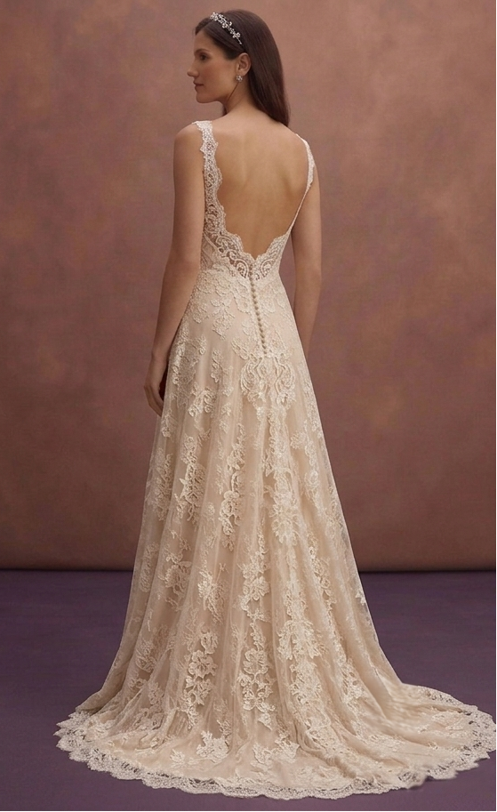 Champagne Lace Wedding Dress with Flowing Train Silhouette