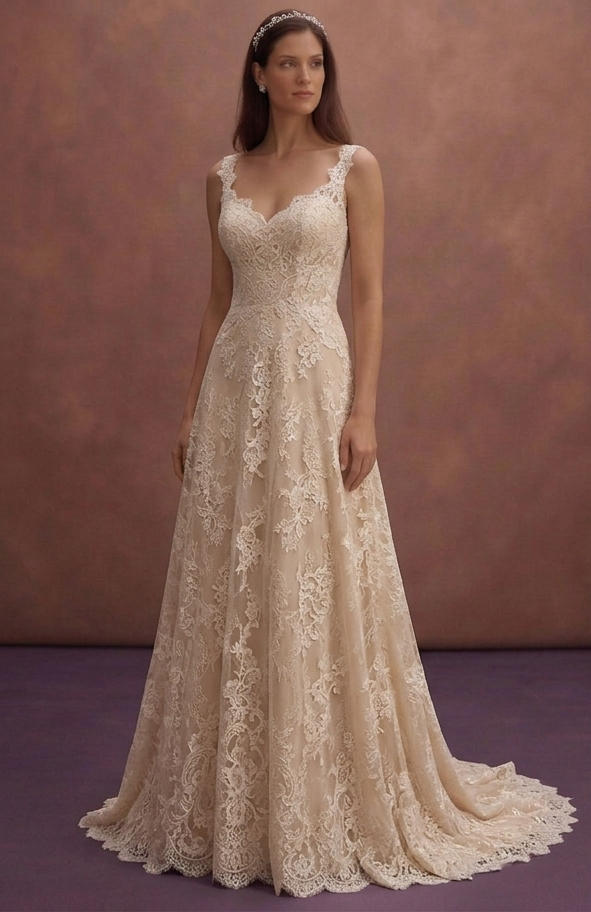 Champagne Lace Wedding Dress with Flowing Train Silhouette