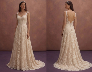 Champagne Lace Wedding Dress with Flowing Train Silhouette