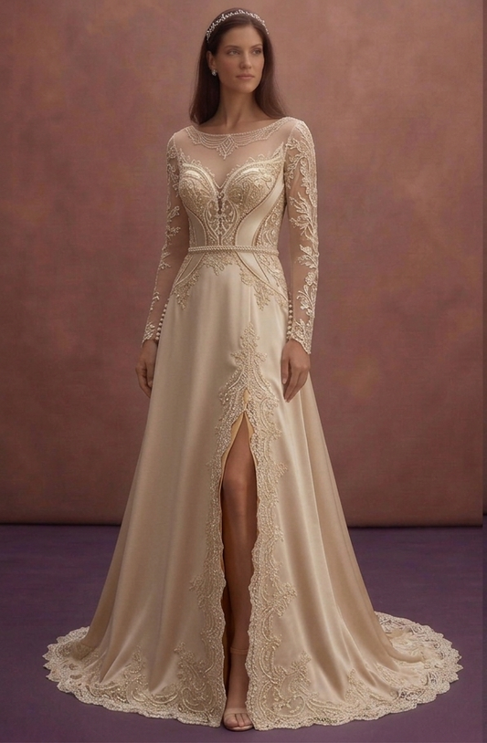 Champagne Lace Wedding Dress with Romantic Cathedral Train