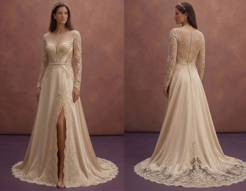 Champagne Lace Wedding Dress with Romantic Cathedral Train