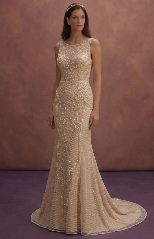 Champagne Mermaid Bridal Dress with Deep V Back