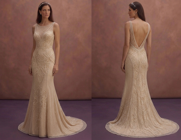 Champagne Mermaid Bridal Dress with Deep V Back