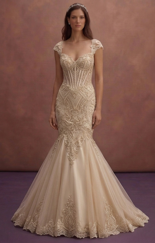 Champagne Mermaid Bridal Dress with Sculpted Lace Corset