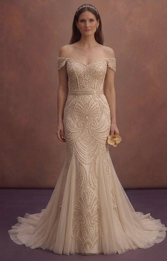 Champagne Mermaid Wedding Dress with Beaded Bodice