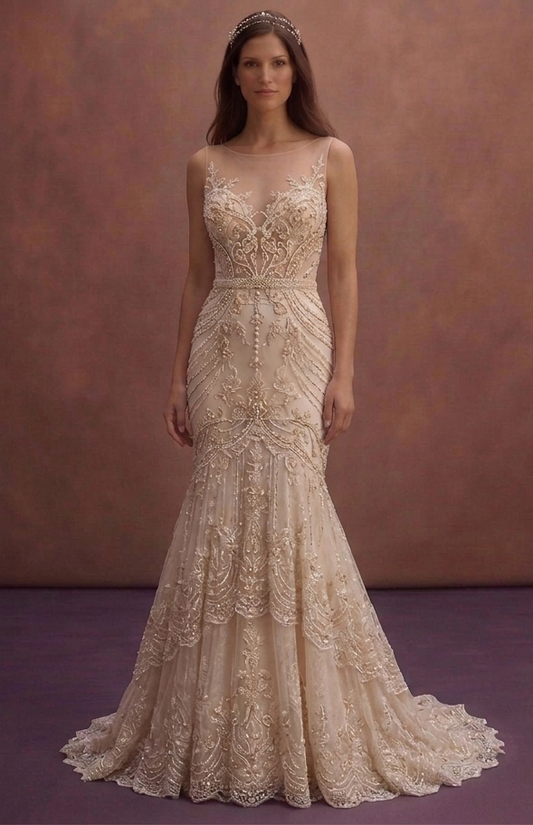 Champagne Mermaid Wedding Dress with Beaded Details