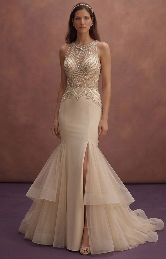Champagne Mermaid Wedding Dress with Beaded Glam Bodice