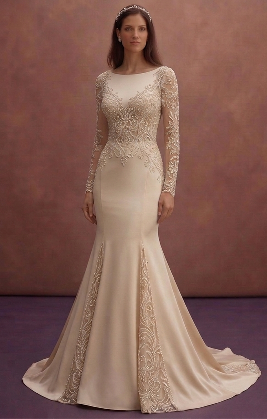 Champagne Mermaid Wedding Dress with Beaded Lace Bodice