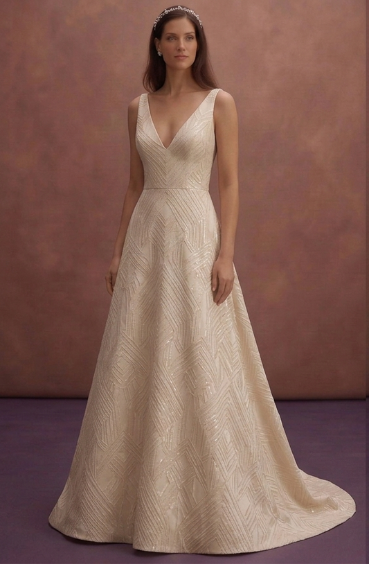 Champagne Minimalist Bridal Dress with Sleek V Neckline