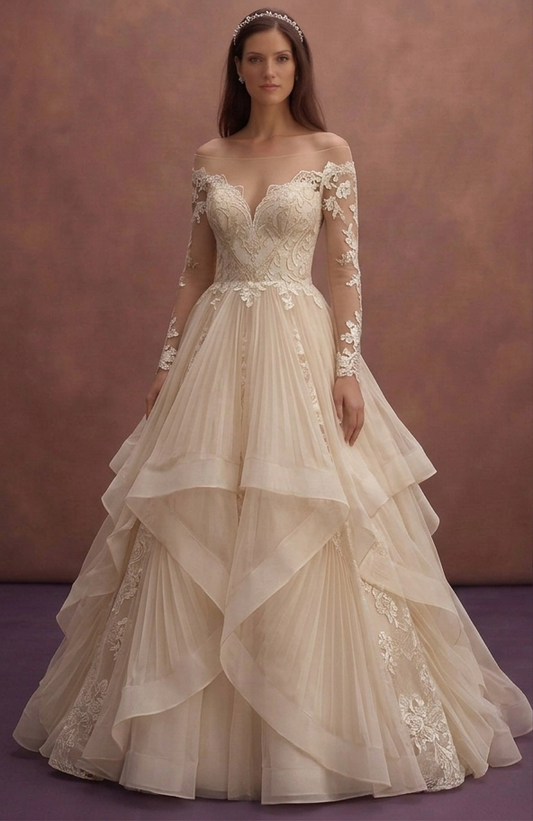 Champagne Organza Ball Gown Wedding Dress with Layered Skirt