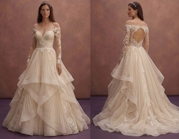Champagne Organza Ball Gown Wedding Dress with Layered Skirt