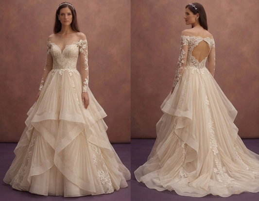 Champagne Organza Ball Gown Wedding Dress with Layered Skirt
