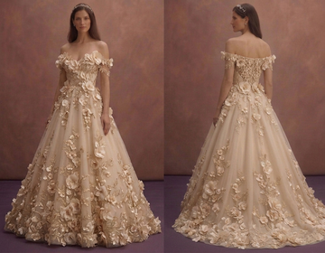 Champagne Romantic Wedding Dress with 3D Floral Details