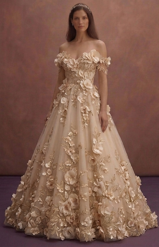 Champagne Romantic Wedding Dress with 3D Floral Details