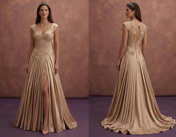 Champagne Satin A-Line Wedding Dress with Elegant Pleats
