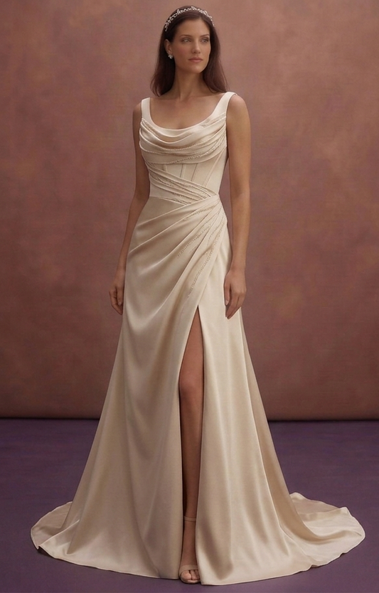 Champagne Satin Bridal Dress with Draped Bodice Design