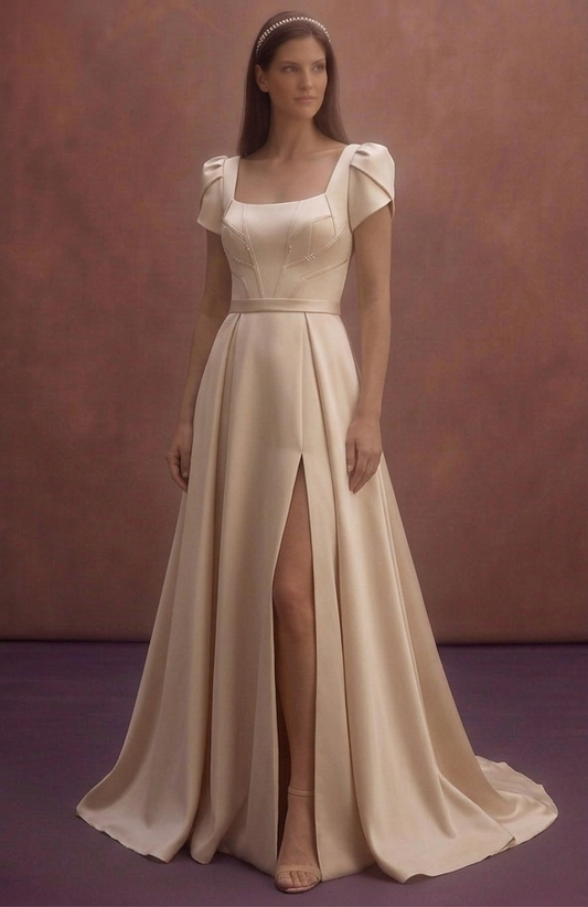 Champagne Satin Wedding Dress with Contemporary Tailored Shape
