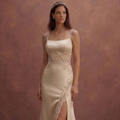 Champagne Satin Wedding Dress with Dramatic Open Back