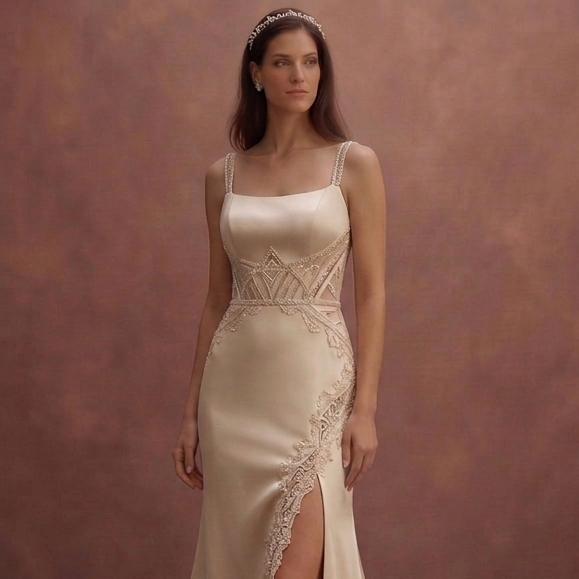 Champagne Satin Wedding Dress with Dramatic Open Back