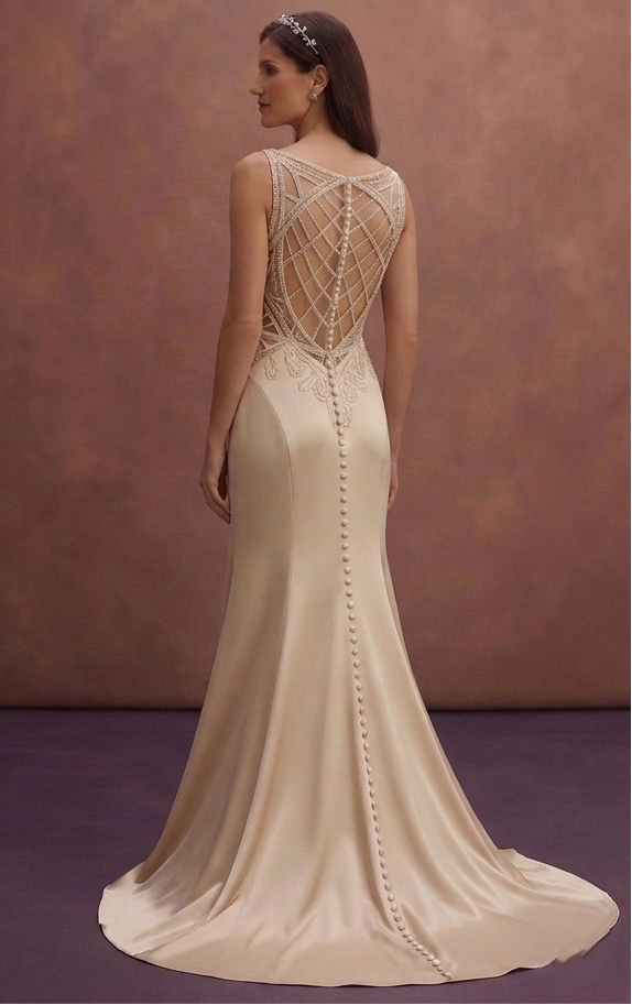 Champagne Satin Wedding Dress with Dramatic Open Back