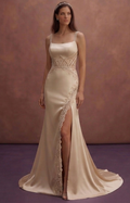 Champagne Satin Wedding Dress with Dramatic Open Back